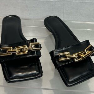 Miss Lola Black Sandals with Gold Chain Detail